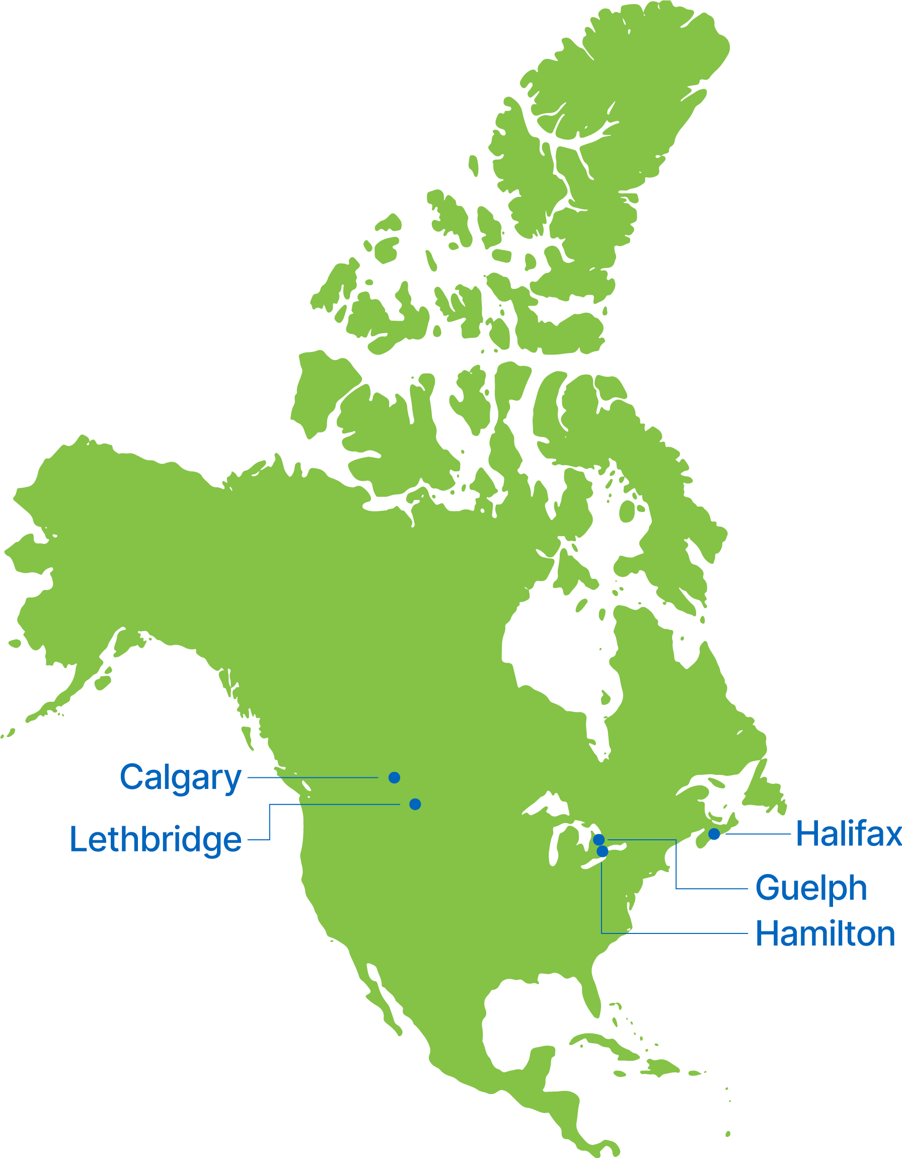 Map of North America with markers for Calgary, Lethbridge, Halifax, Guelph and Hamilton